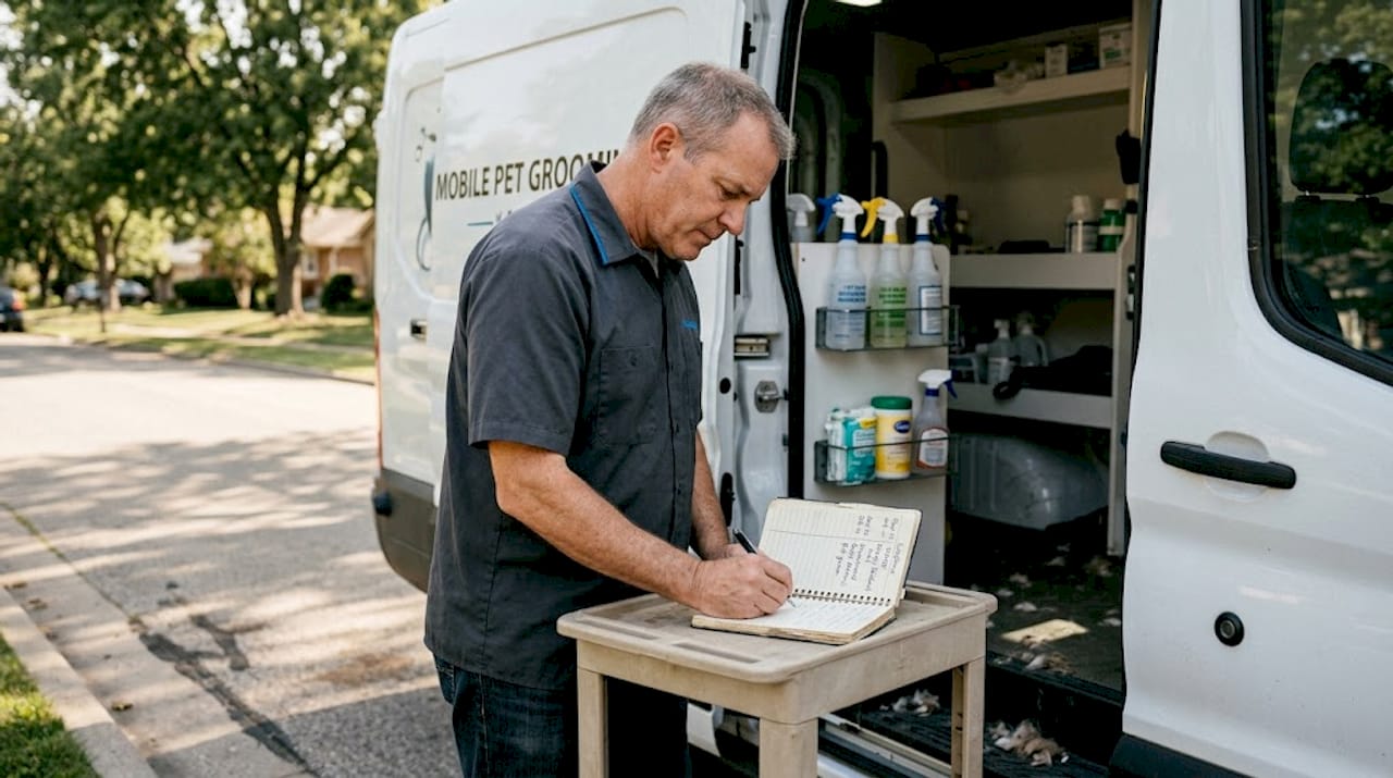 Groomer recording van sanitation supplies log