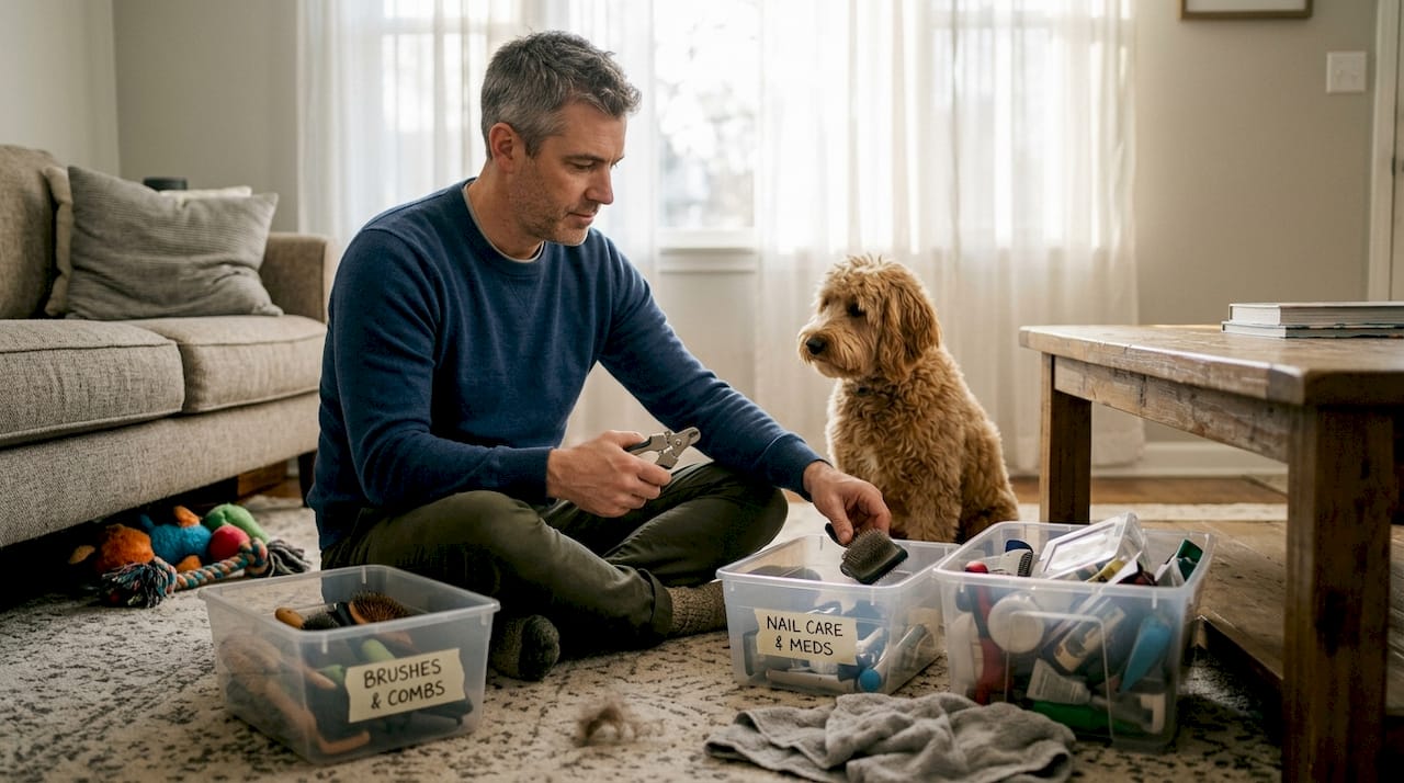 Sorting labeled bins of pet grooming tools