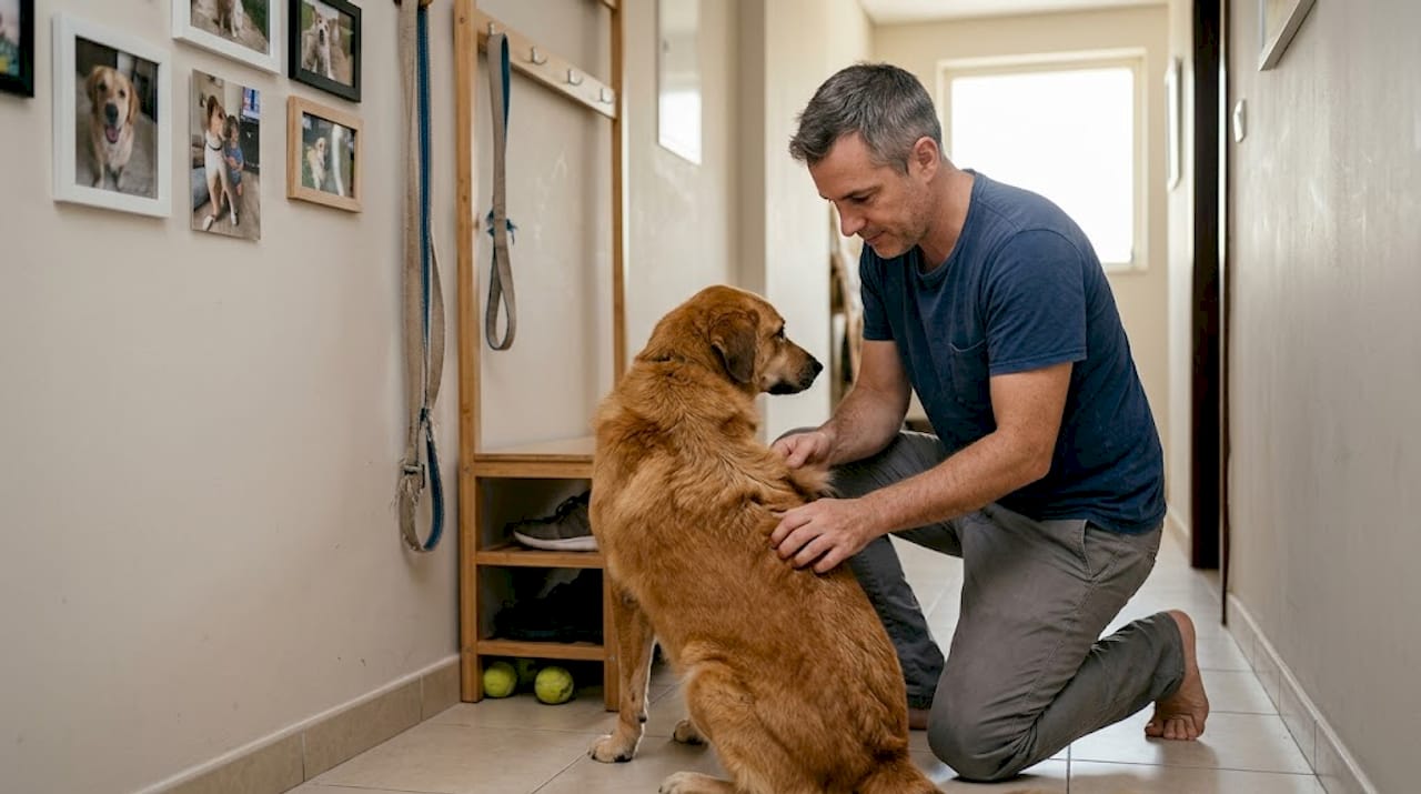 Man checking dog’s fur for grooming