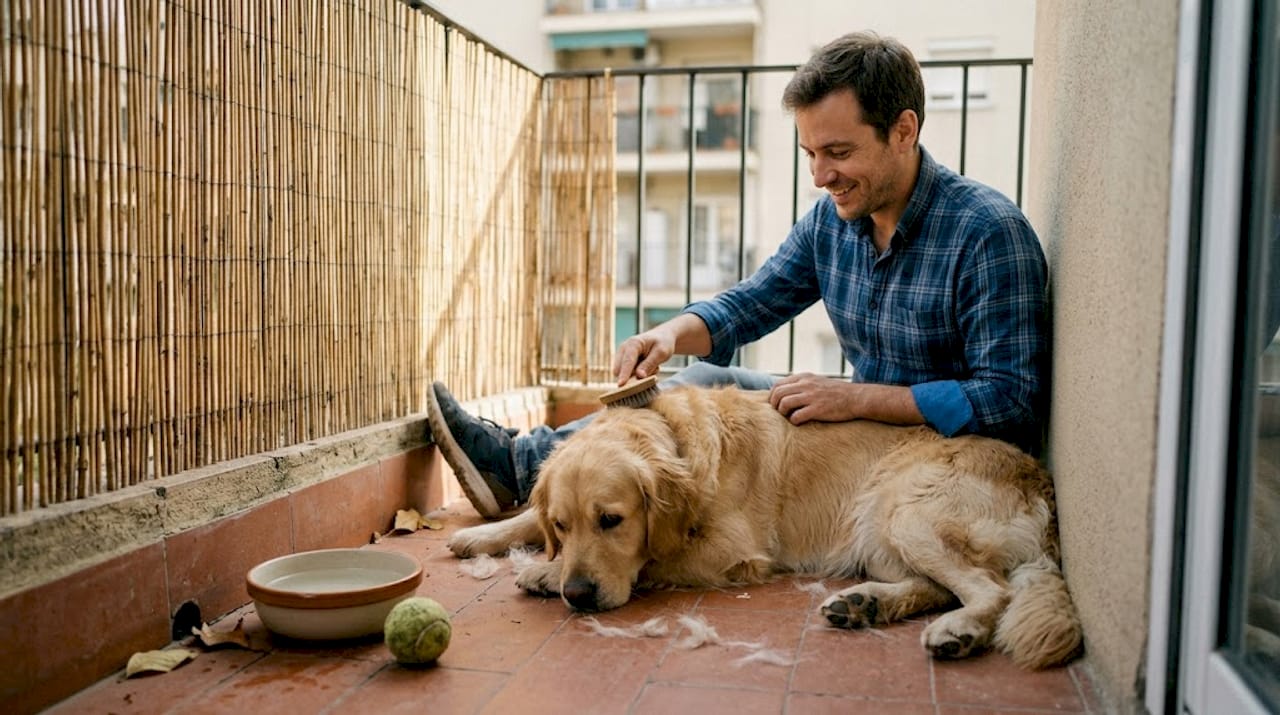 Man brushes dog’s coat on Dubai balcony