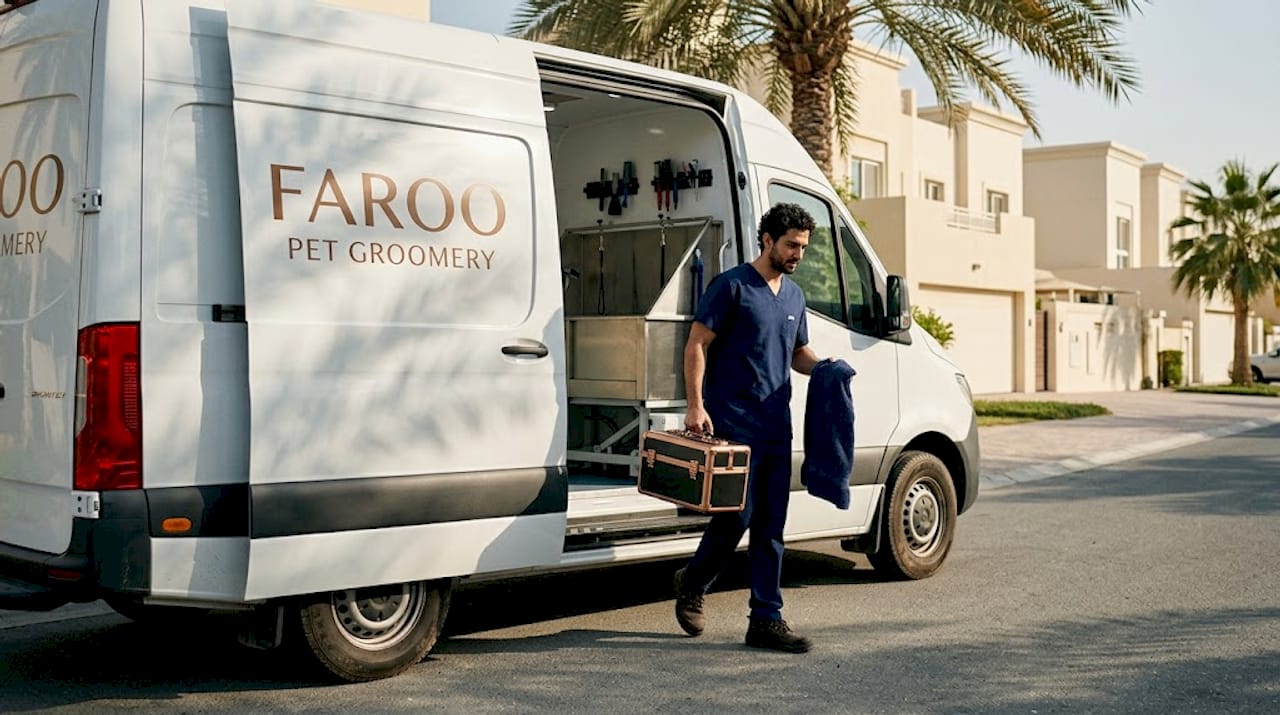 Mobile pet groomer arriving with equipment