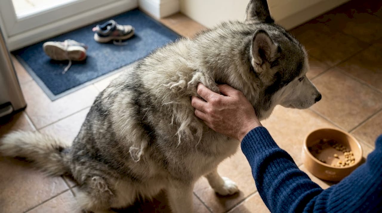 Owner examines matted husky coat at home