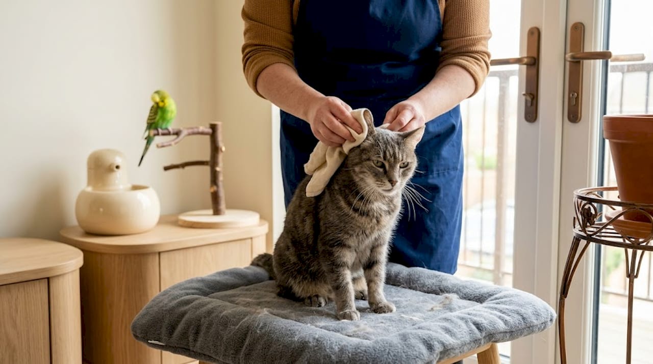 Cat and parrot being gently groomed in sunlit setting
