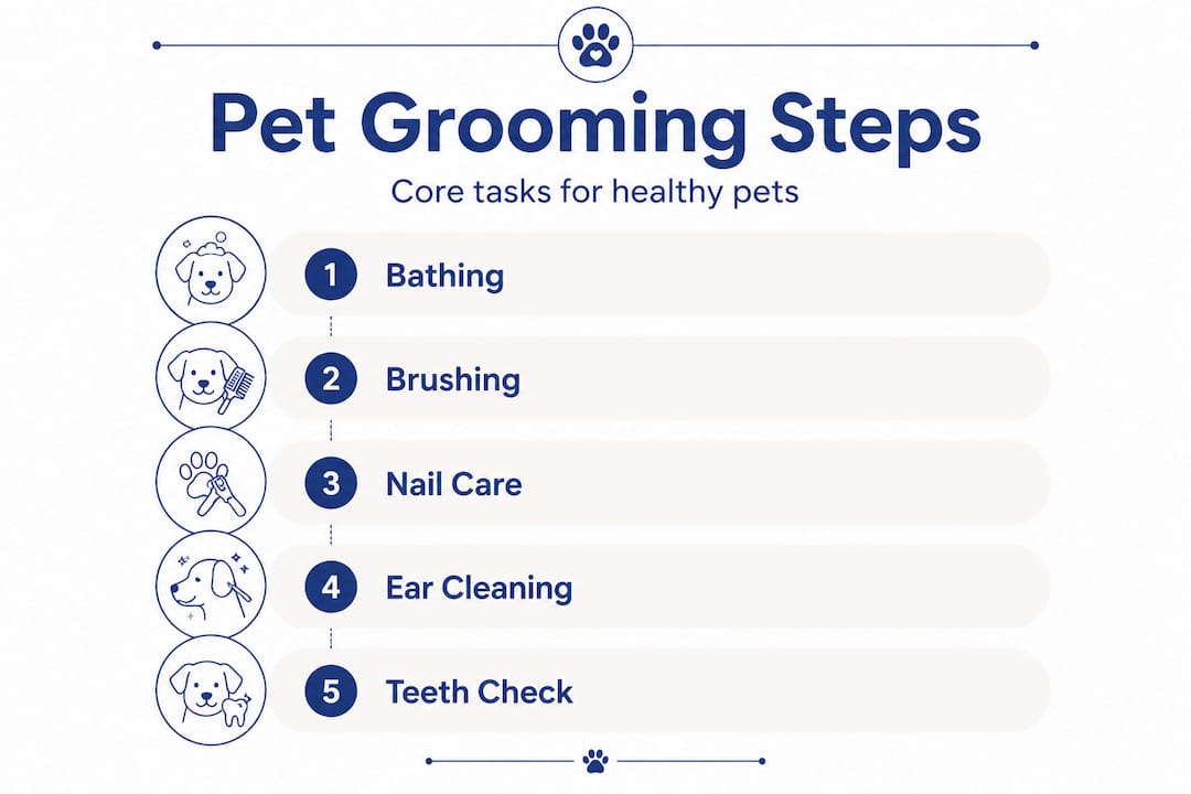 Vertical infographic of pet grooming routine steps