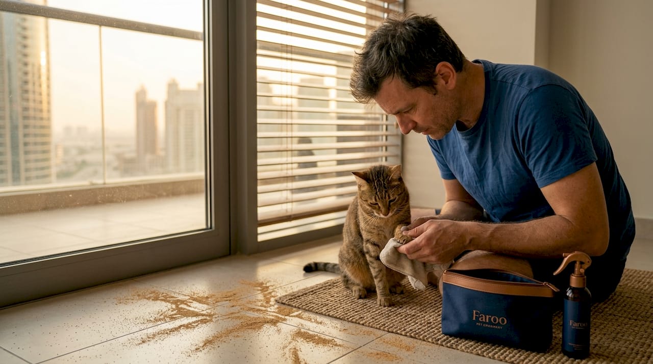 Man cleaning cat paws after outdoor play