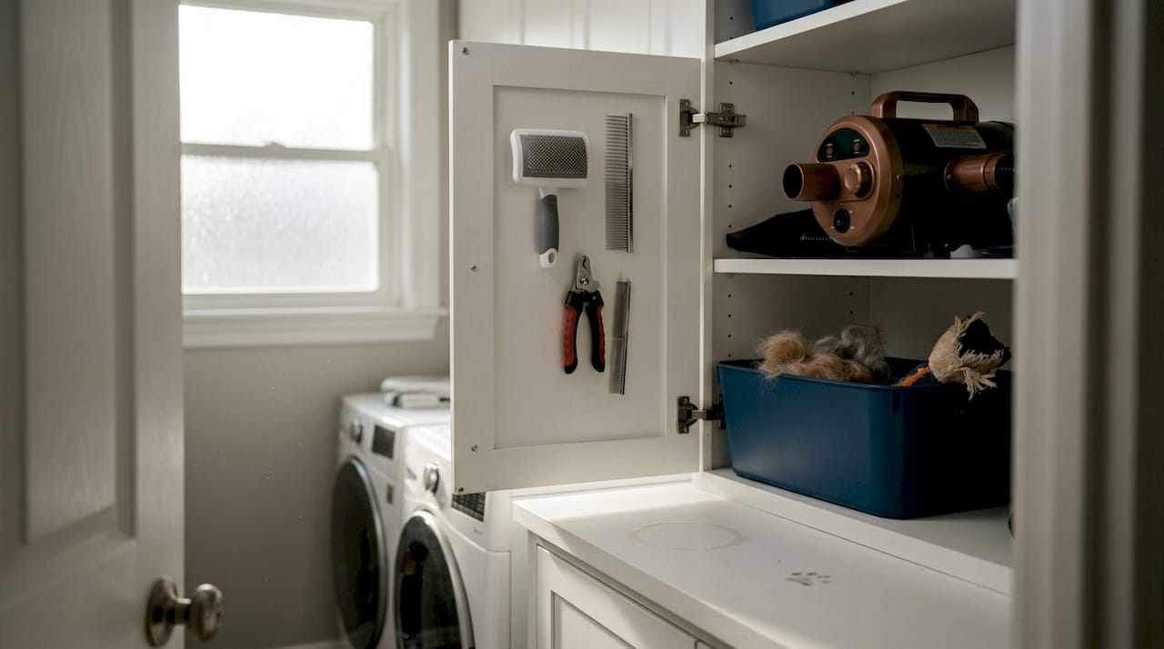 Home cupboard with pet grooming supplies