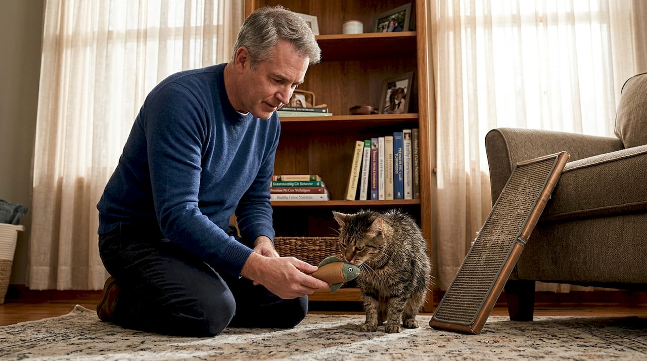 Owner rewards freshly groomed cat with toy