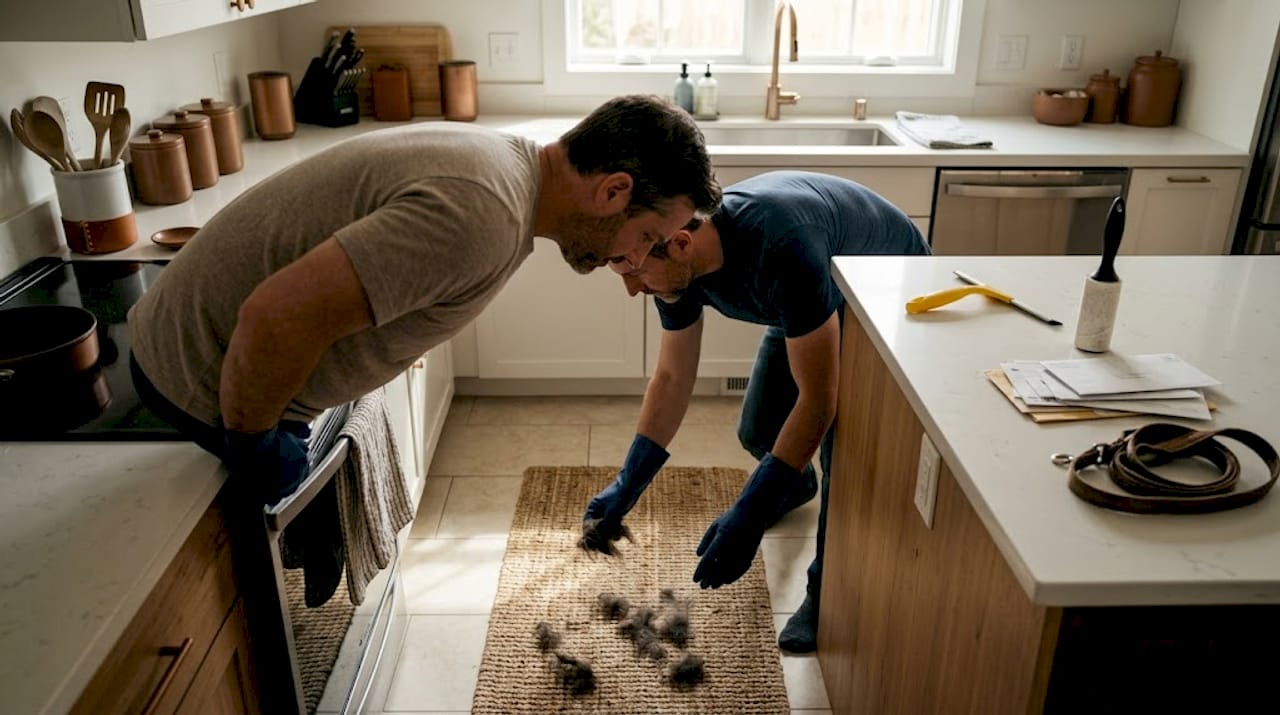 Man using rubber gloves for pet hair removal