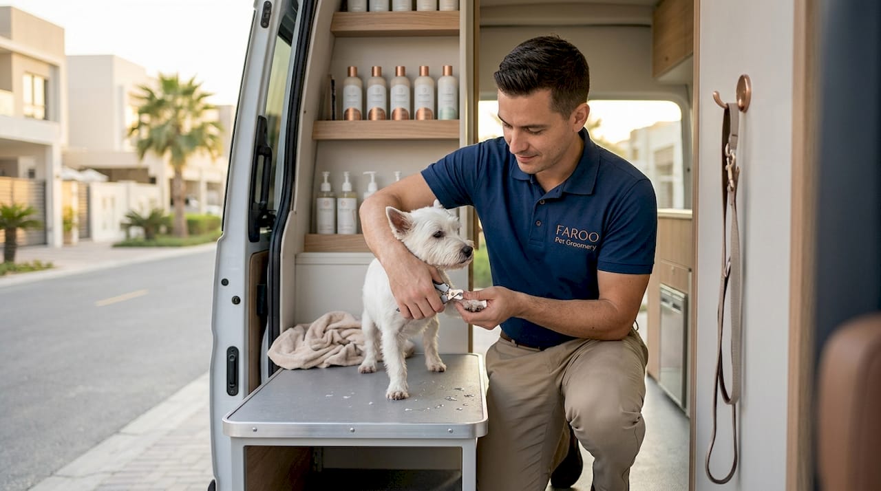 Mobile pet groomer clipping dog nails in van