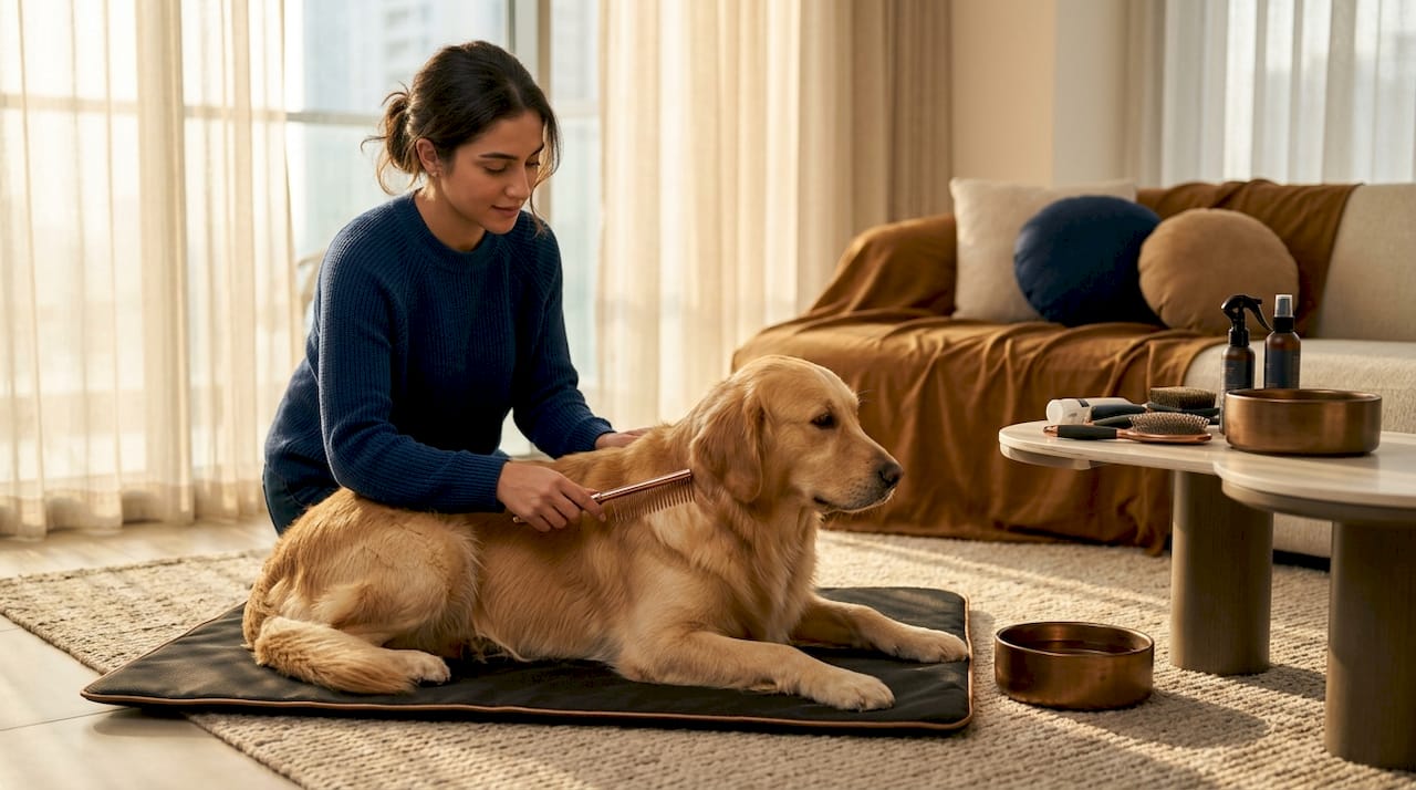 Owner brushing pet fur to remove mats