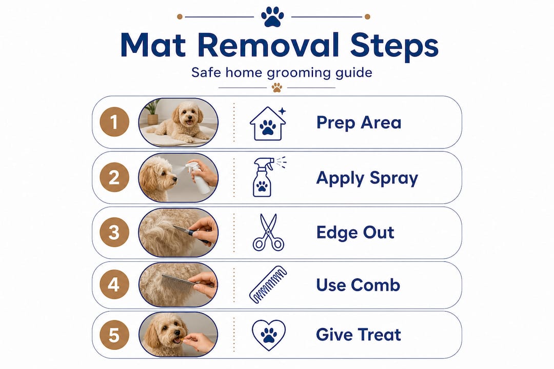 Infographic showing step-by-step fur mat removal