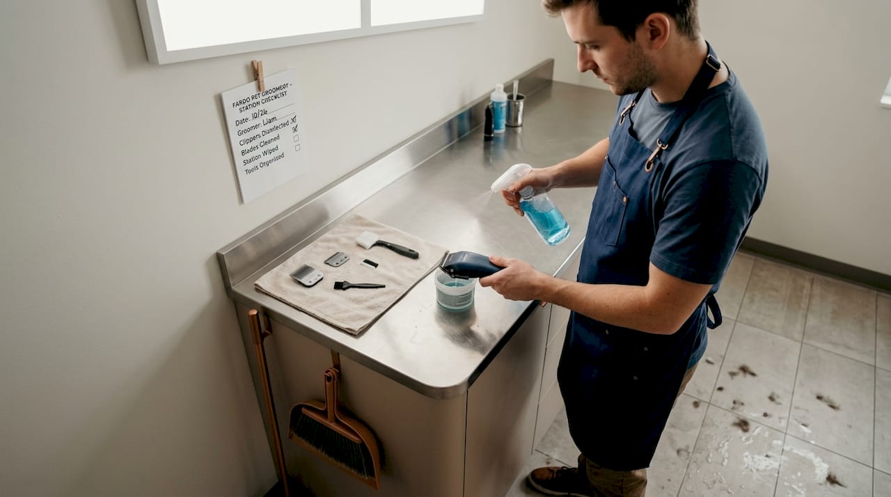 Groomer disinfects tools in grooming station