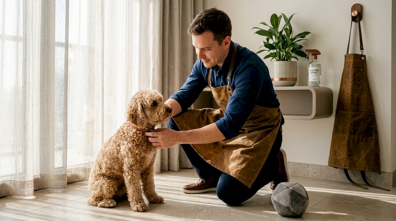 Personalized home pet grooming session in apartment