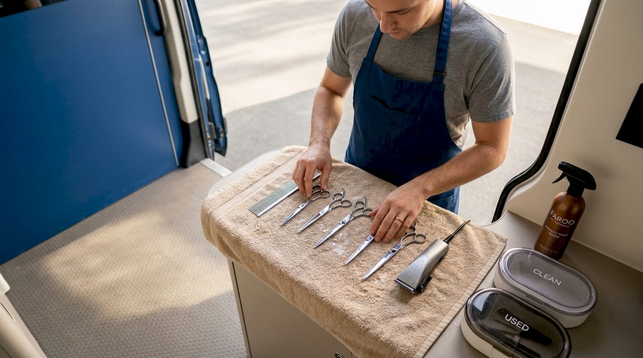 Groomer drying sanitized tools on towel