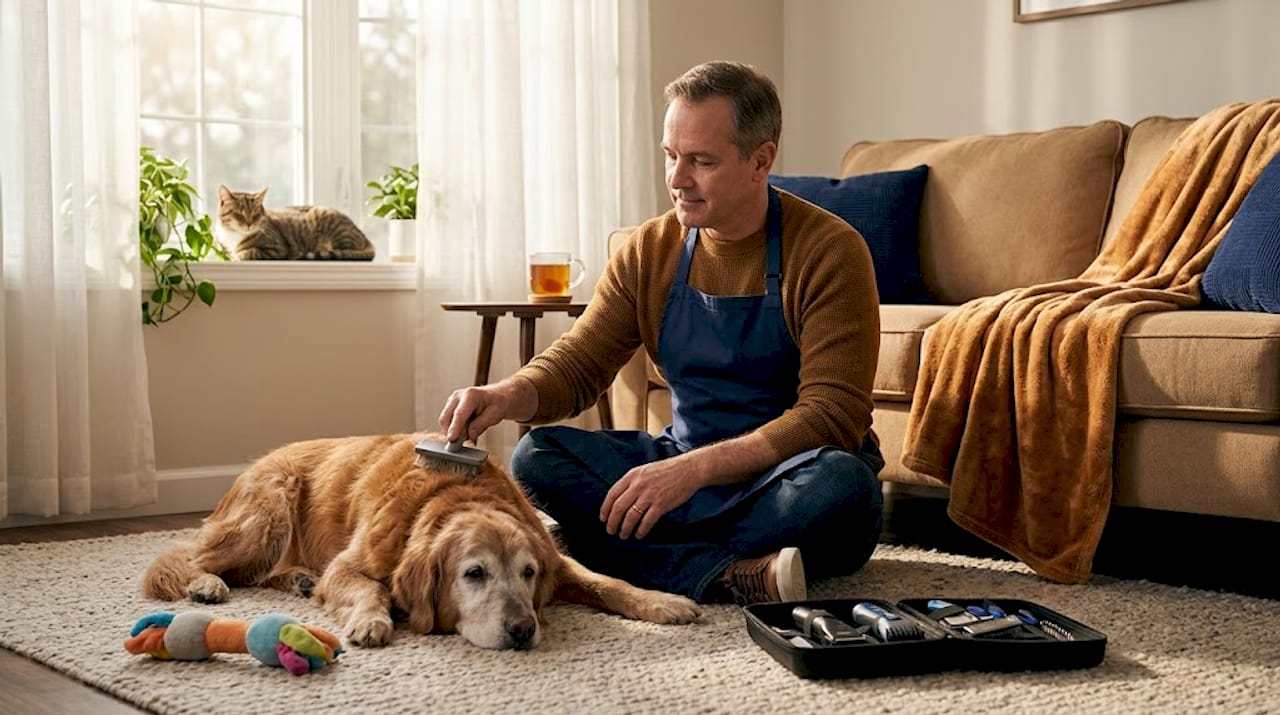 Man brushes elderly dog in sunlit living room