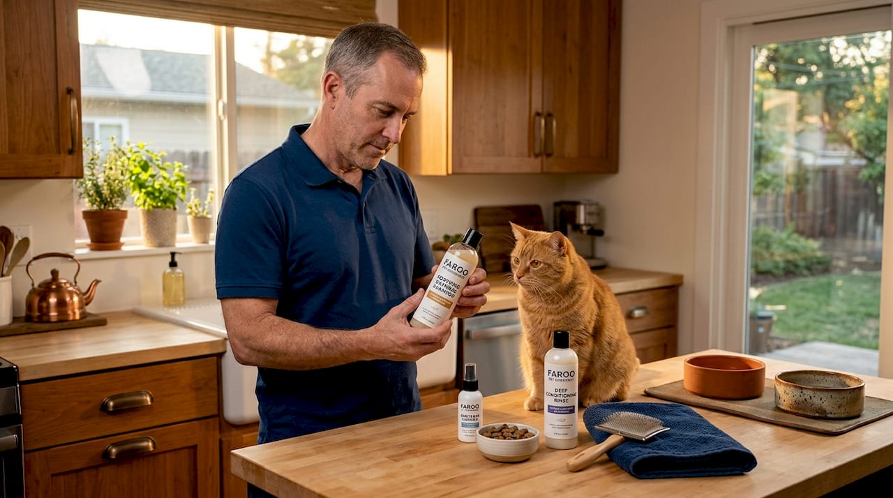 Man choosing gentle pet grooming products