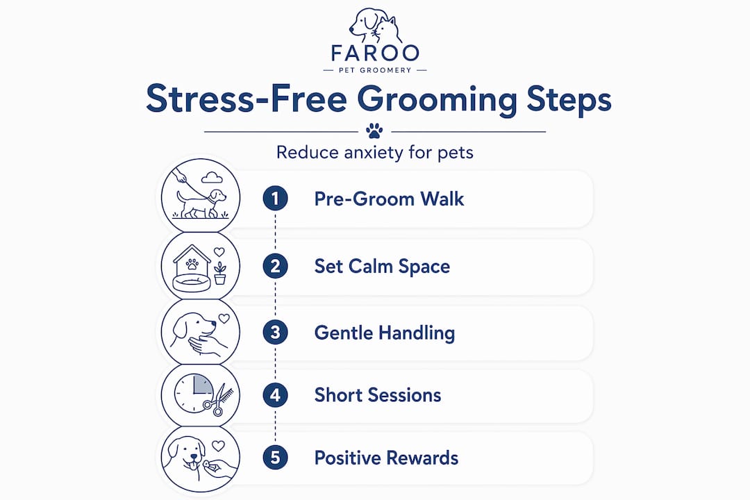 Vertical infographic with five pet anxiety grooming steps