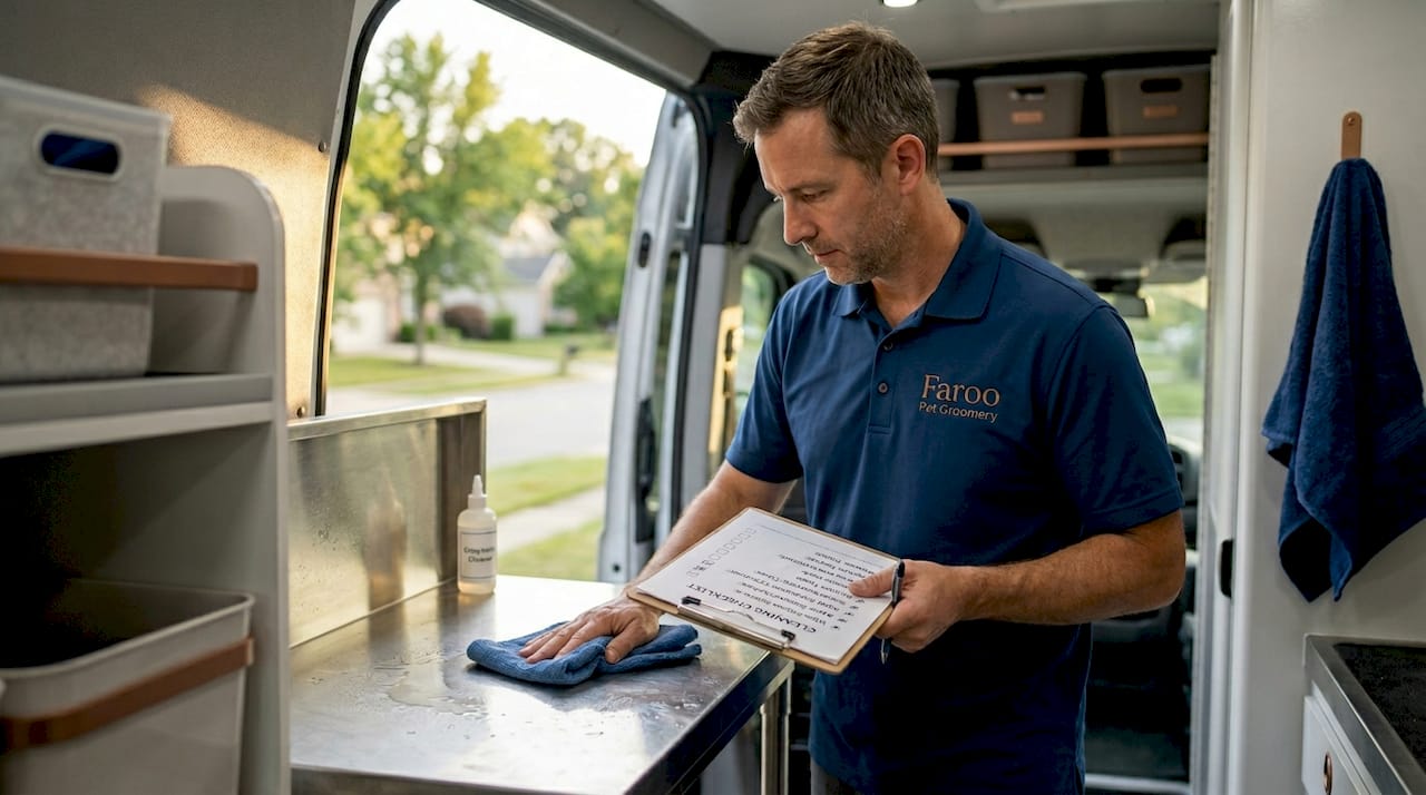 Groomer reviewing cleaning checklist in van