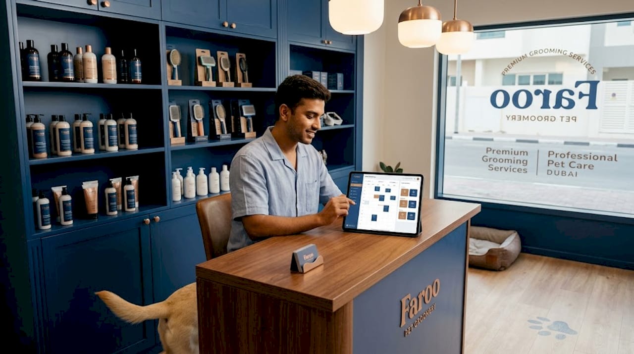 Salon receptionist uses pet grooming management software