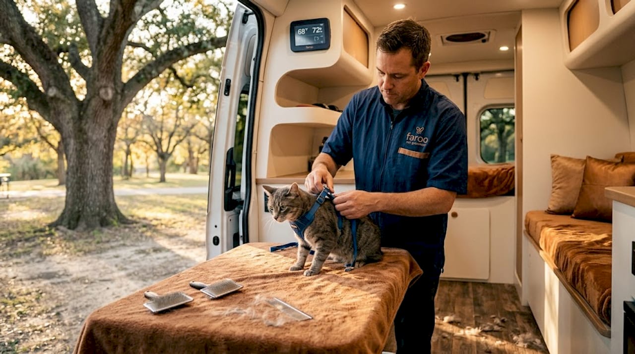 Groomer adjusts harness in comfortable pet van