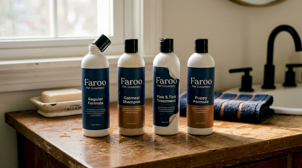 Different pet shampoo bottles on counter