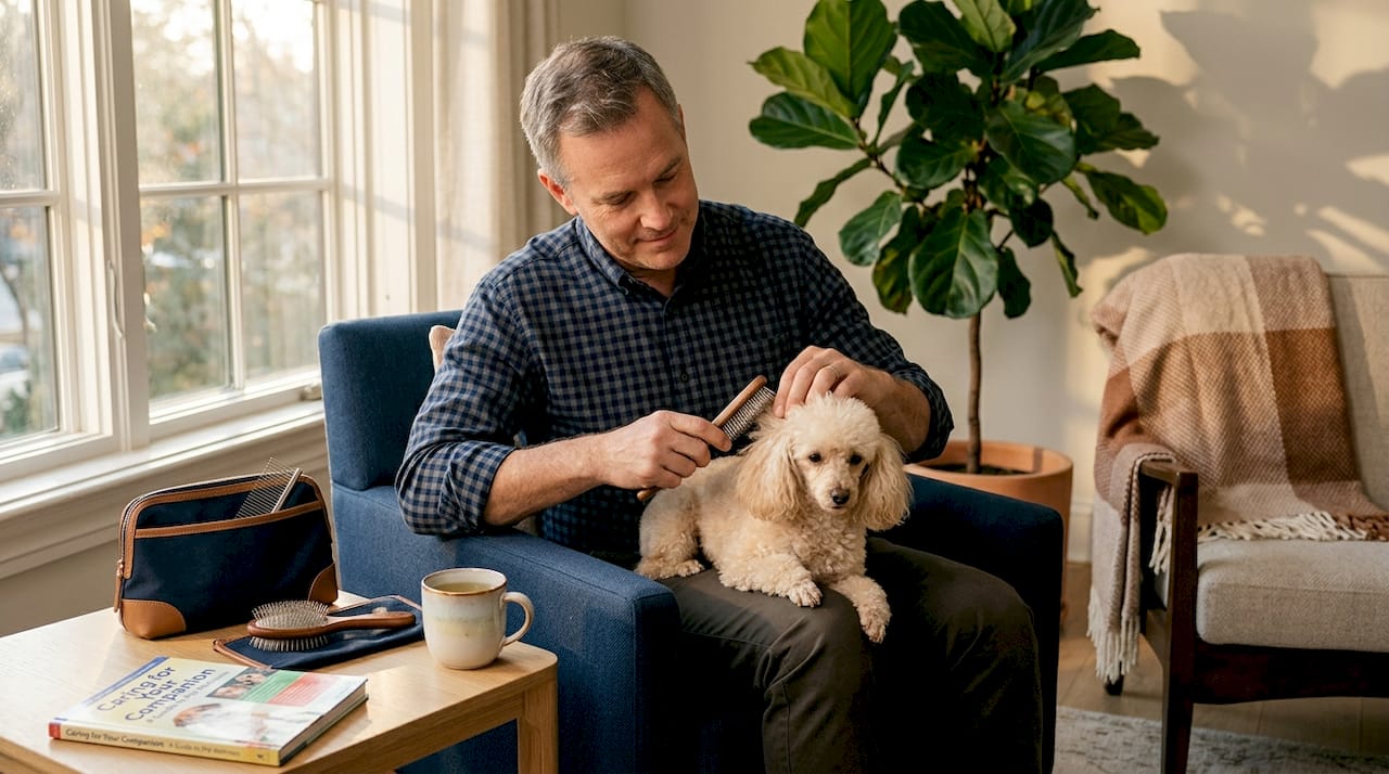 Man brushing poodle’s fur on couch