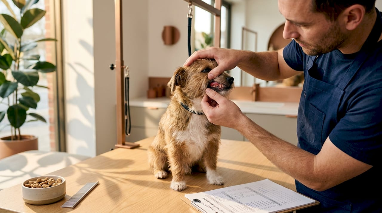Groomer checking dog's gums for dental disease