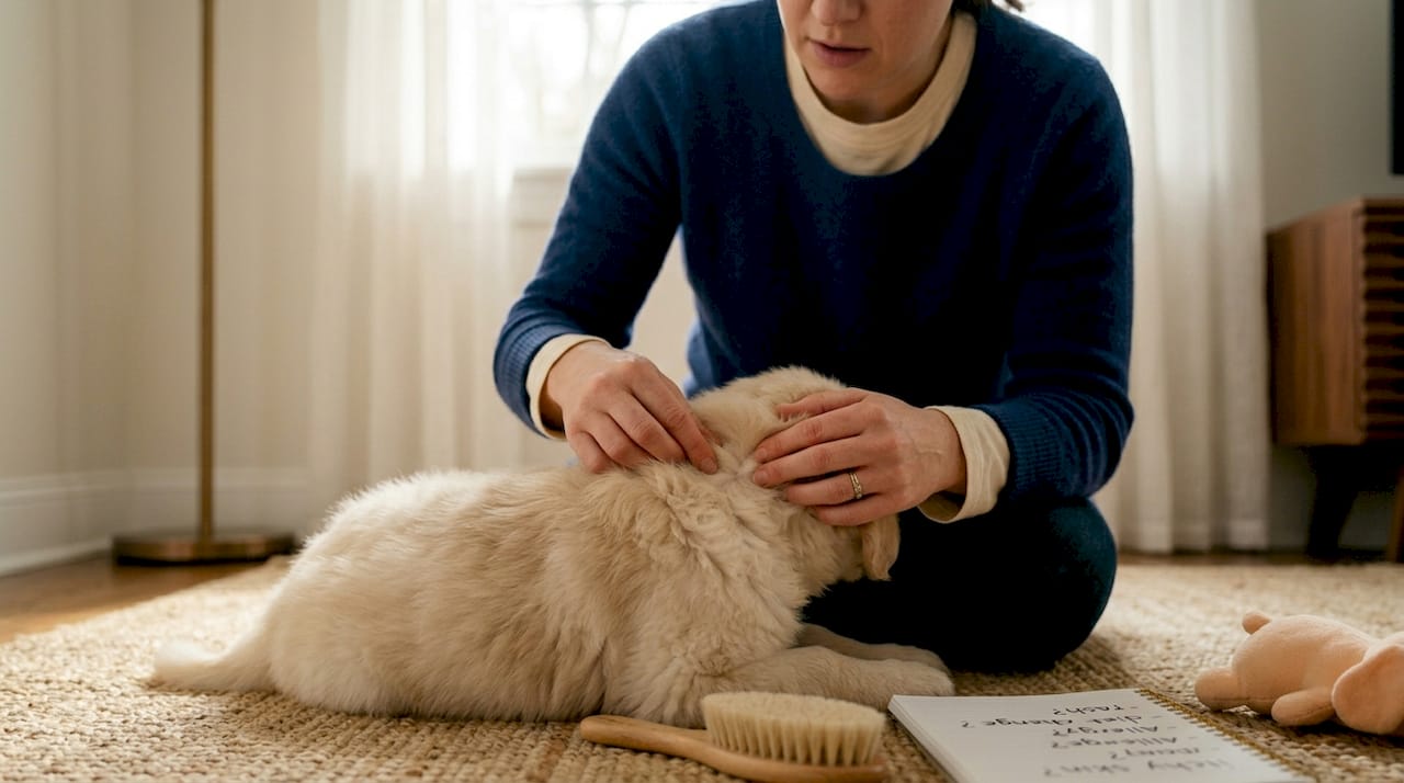 Woman checks puppy fur for skin issues