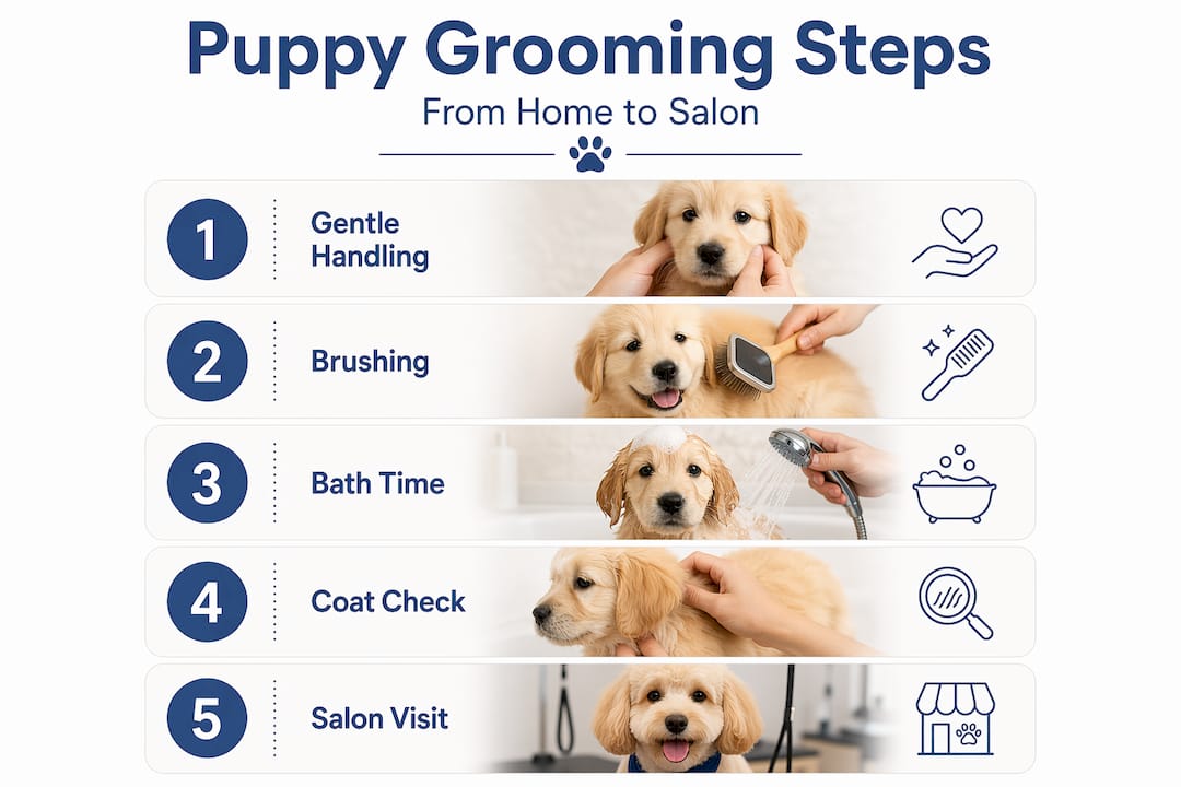 Infographic showing five-step puppy grooming process