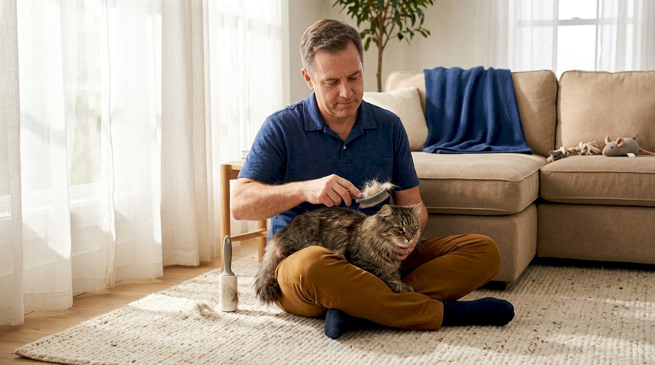 Man brushing tabby cat to remove dander