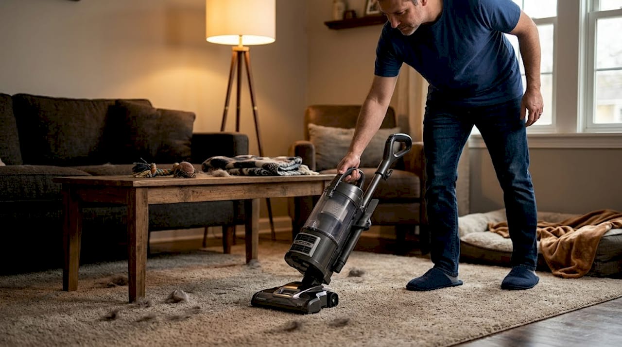 Vacuuming pet hair from living room rug