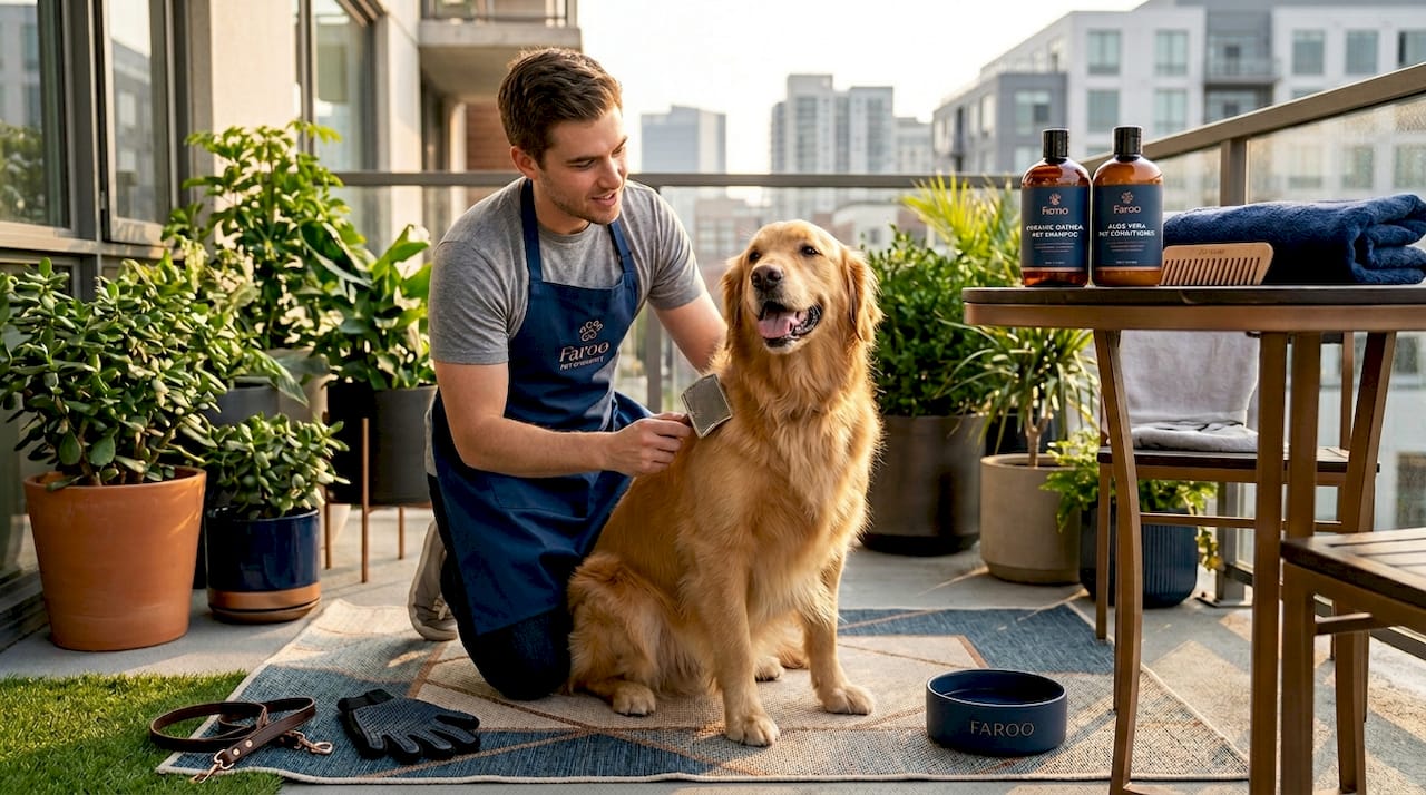 Owner grooming dog with gentle pet products