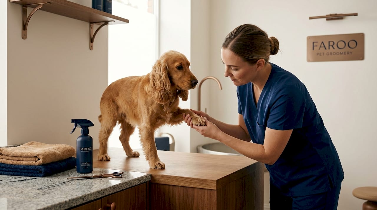 Groomer inspects dog paw in studio setting