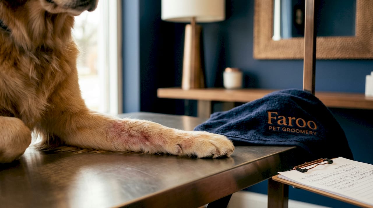 Close-up of dog's irritated skin on leg after grooming