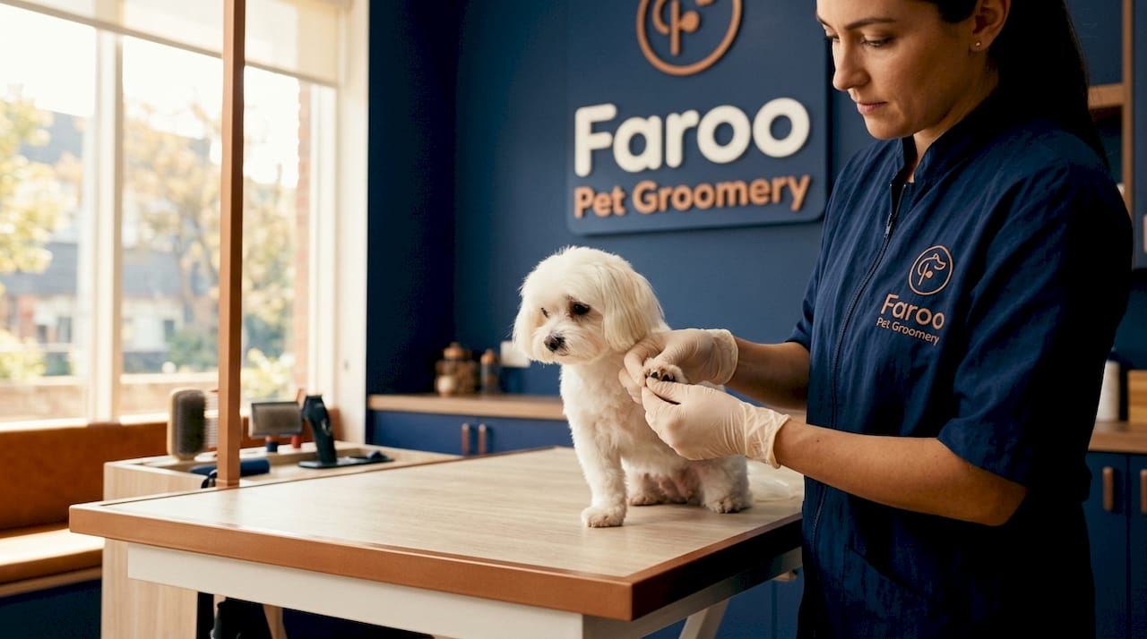 Groomer inspecting dog’s paws in mobile grooming van