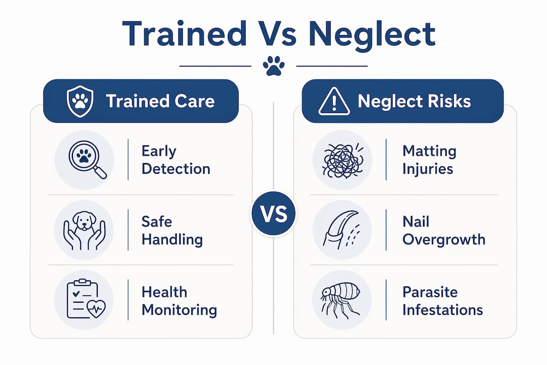 Infographic comparing benefits of trained grooming versus risks of neglect