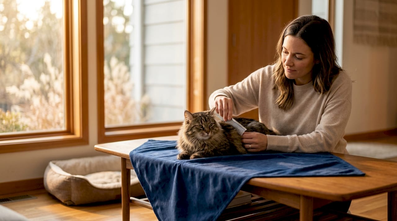 Gentle grooming session with rescue cat