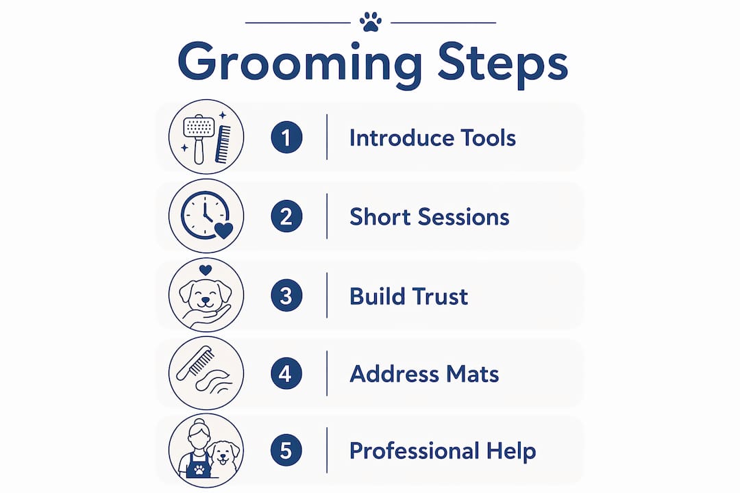 Infographic summarizing grooming steps for rescue pets