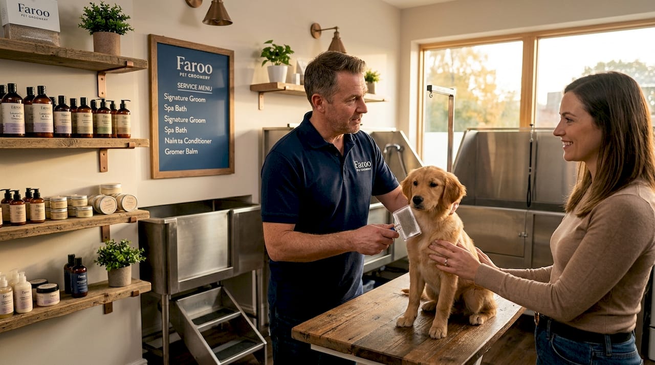 Pet groomer advising pet owner indoors