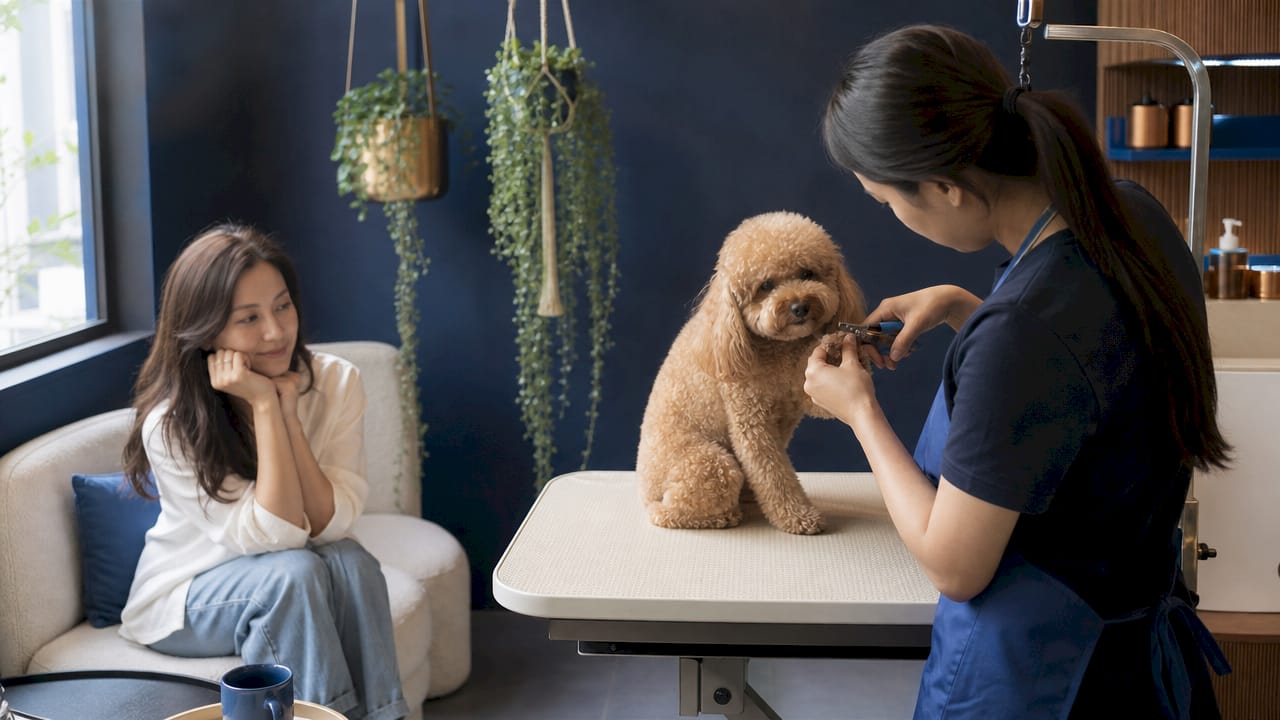 Pet owner watching calm grooming through glass partition
