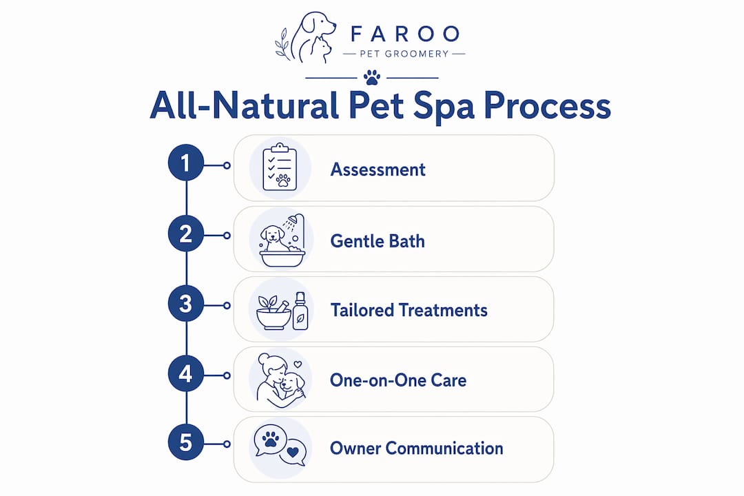 Infographic showing 5-step all-natural pet spa process