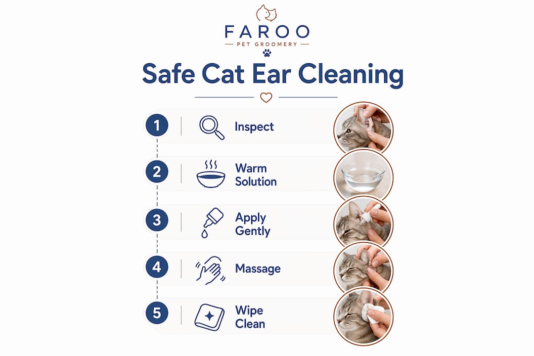 Infographic showing safe cat ear cleaning steps
