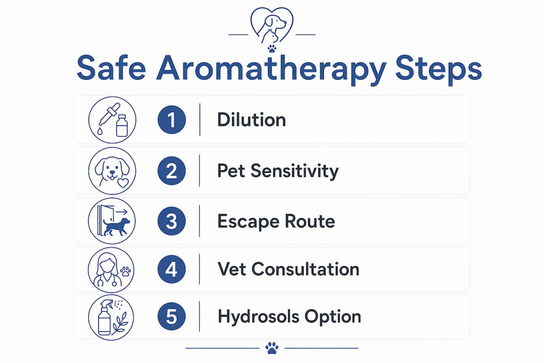 Infographic detailing safe aromatherapy steps for pets