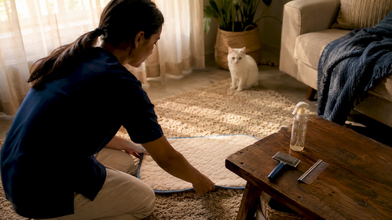 Preparing pet grooming area with tools and calm cat