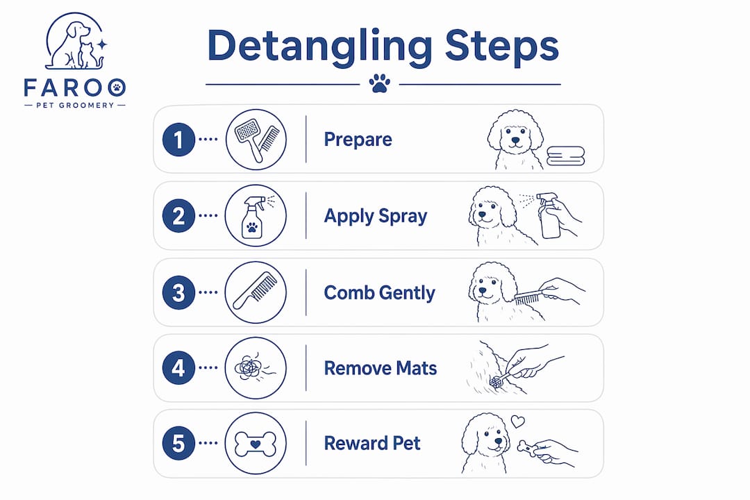 Infographic showing step-by-step pet fur detangling process
