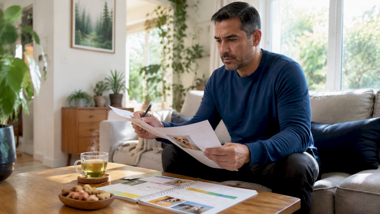 Man reviewing pet care documents at kitchen table