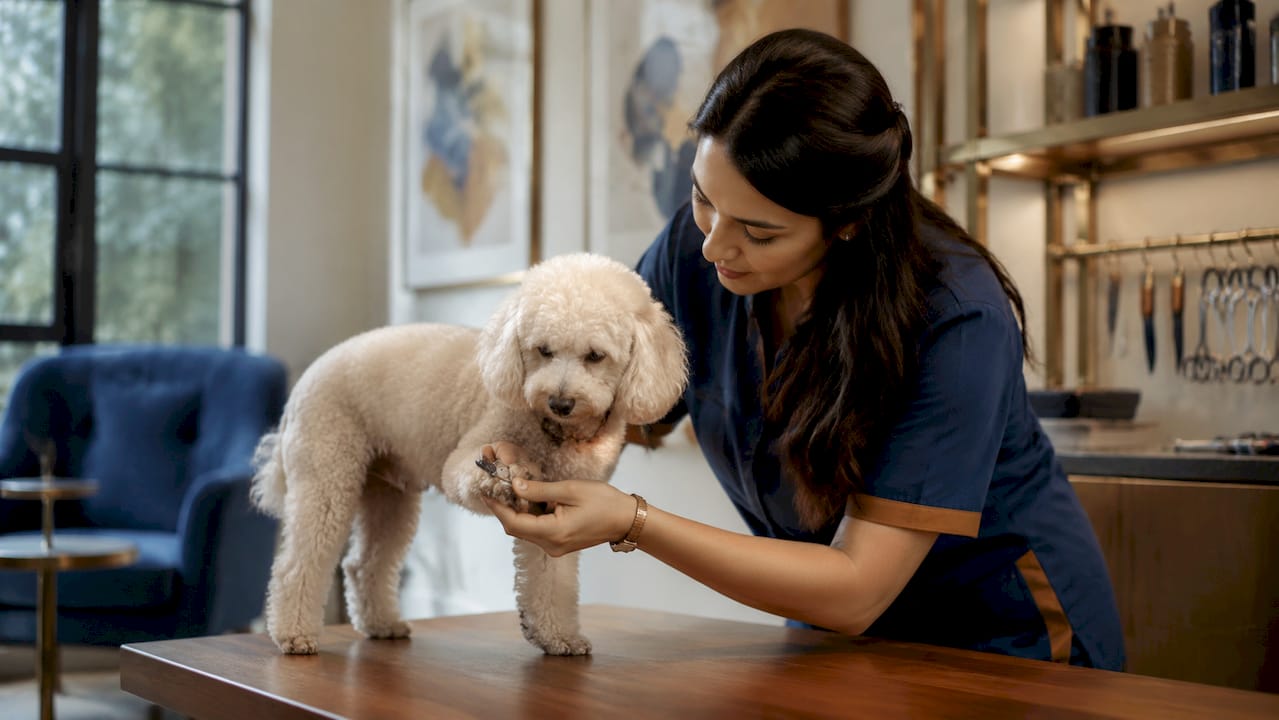 Pet groomer trimming poodle nails in salon