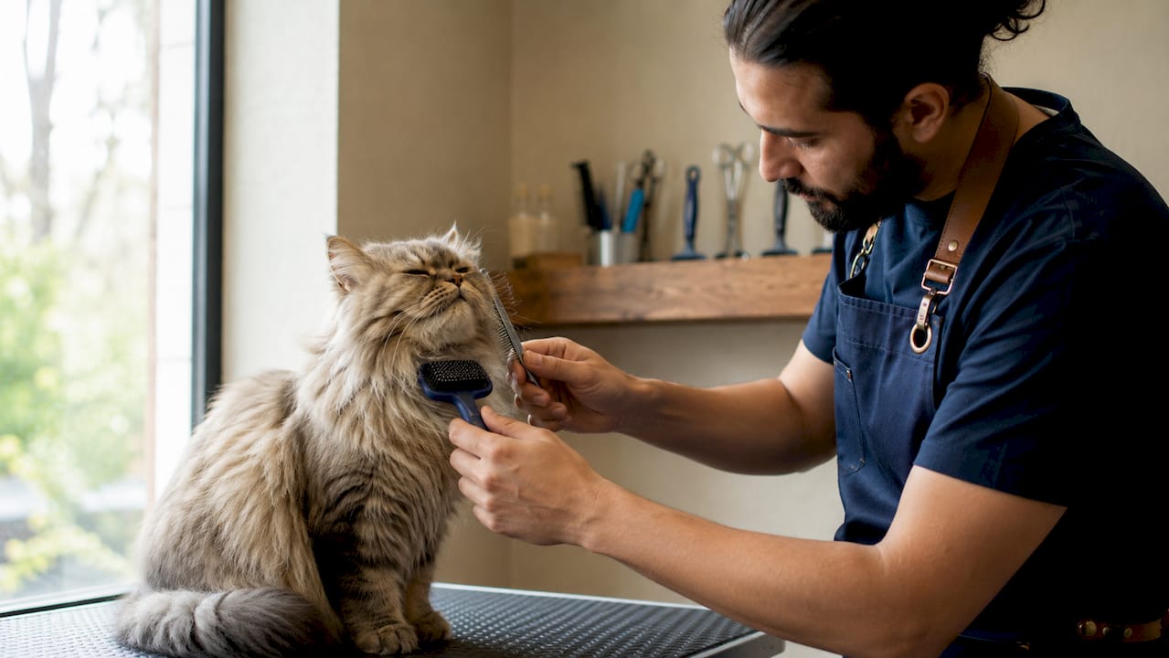 Groomer brushing cat to prevent mats