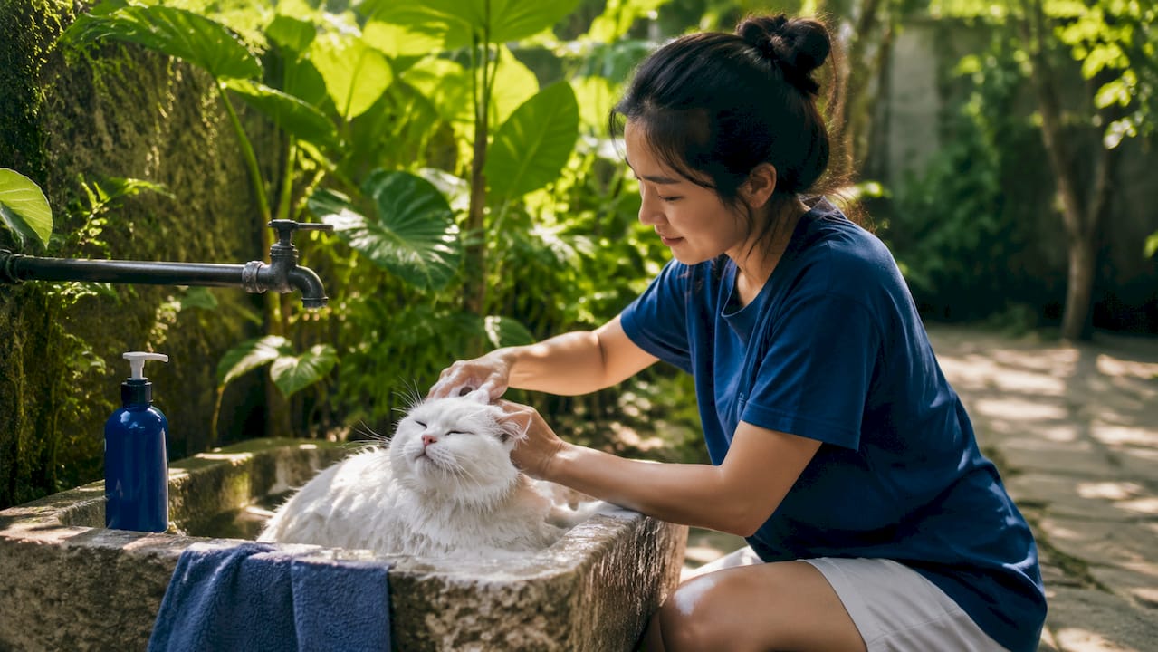 Hands applying scented shampoo to white cat fur