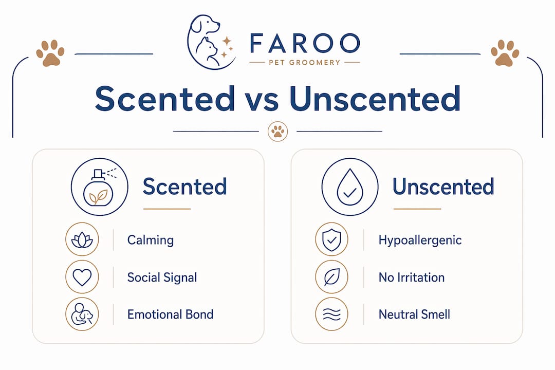 Infographic comparing scented and unscented pet grooming benefits